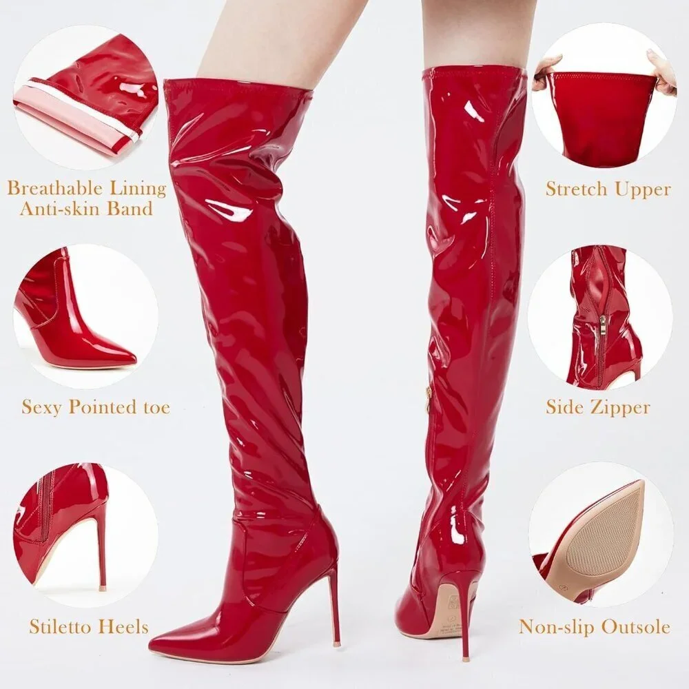 Women Patent Leather Red Polyurethane Over The Knee Stiletto Heel Pointed Boots